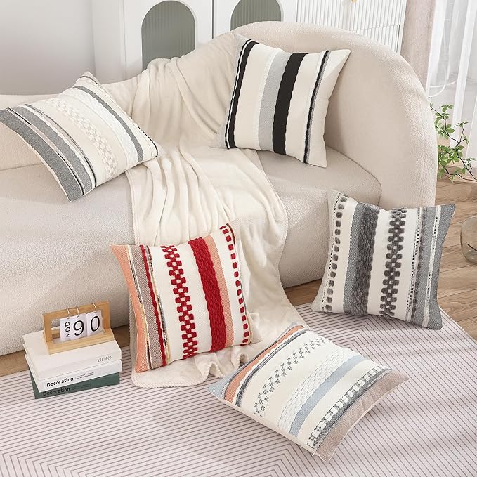 Tosleo Boho Throw Pillow Covers 18x18 Set of 2 Striped Decorative Pillow Cases Accent Chenille Pillowcases Farmhouse Cushion Case Bohemian Nuetral Textured Pillow Cover,Black and White