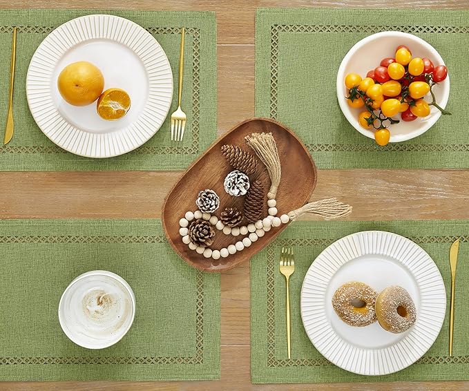 Burlap Placemats Set of 6, 12 x 18 Inch Rustic Geometric Hollow Place Mats, Heat Resistant Placemats for Farmhouse Kitchen Table Decor, Sage Green 6PCS