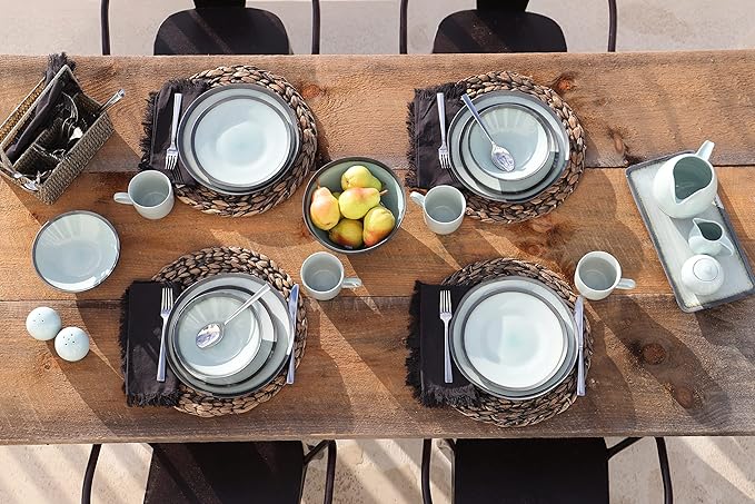 Euro Ceramica Diana 16 Piece Modern Dinnerware Set, Dinner, Salad Plate, Soup Bowl, Mug, Service for 4, Mint Green/Graphic Grey