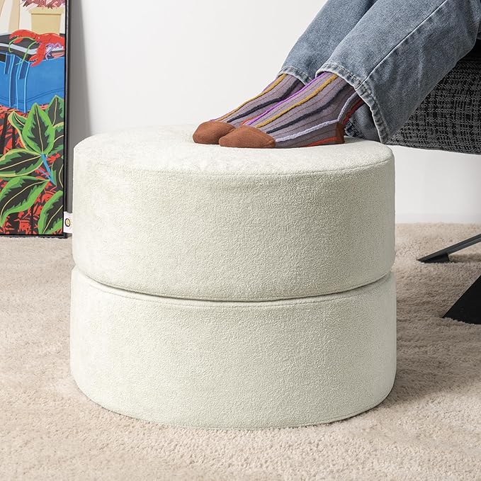 Pouf Ottoman Foot Rest Stool, Double Layer Round Modern Foam Filled Foot Stool for Couch, Living Room, Bedroom (Beige)