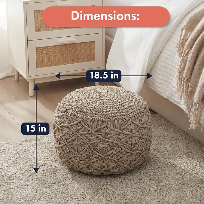 Ornavo Home Pouf Ottoman Foot Rest - 100% Cotton Pouffe - Hand Knitted Macrame Braid - Boho Round Stuffed Ottoman for Living Room, Bedroom - Beige