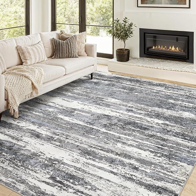 Area Rugs for Living Room: 8x10 Abstract Washable Rug Modern Neutral Large Soft Stain Resistant Non-Slip Backing Machine Table for Bedroom Dining Room Indoor Home Office Carpet - Black/Blue