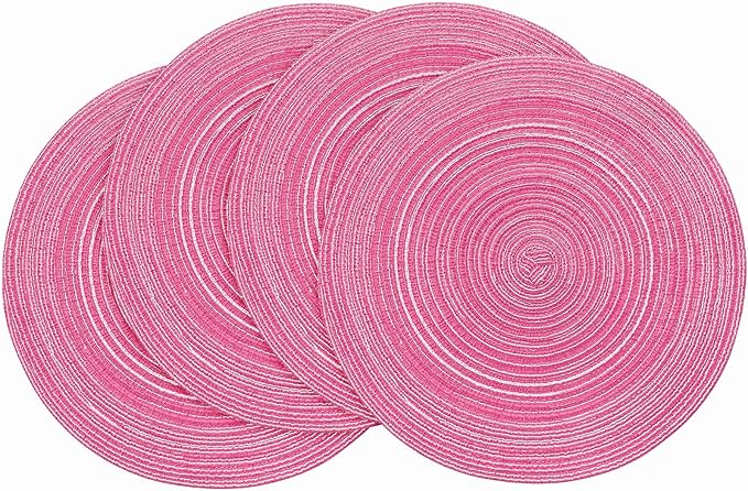 Floroom 15 Inch Round Braided Placemats Set of 4, Washable Heat Resistant Cotton Polyester Circle Place Mats for Kitchen Dining Table - Berry Pink