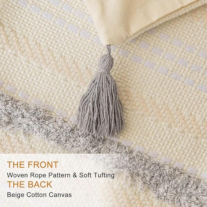 Boho Throw Pillow Covers 12x20 Set of 2 Woven Tufted Farmhouse Pillows Cover with Tassels Textured Striped Cushion Case Lumbar Pillow Cases Decorative Pillowcase for Couch, Bed, Light Grey