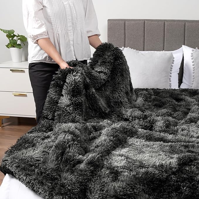 Pavilia Black Fluffy Bed Blanket, King Size, Fuzzy Plush Warm Large Blanket for Couch Sofa, Super Soft Thick Faux Fur Sherpa, Tie-Dye, 90x108