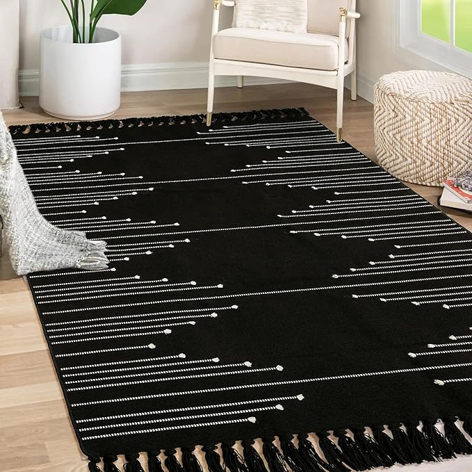 Tritard Boho Area Rug 4x6 - Woven Entryway Rugs with Tassels Farmhouse Aztec Bedroom Lightweight Throw Rugs Washable Indoor Cotton Thin Carpet for Kitchen, Bathroom, Playroom, Office, Black White