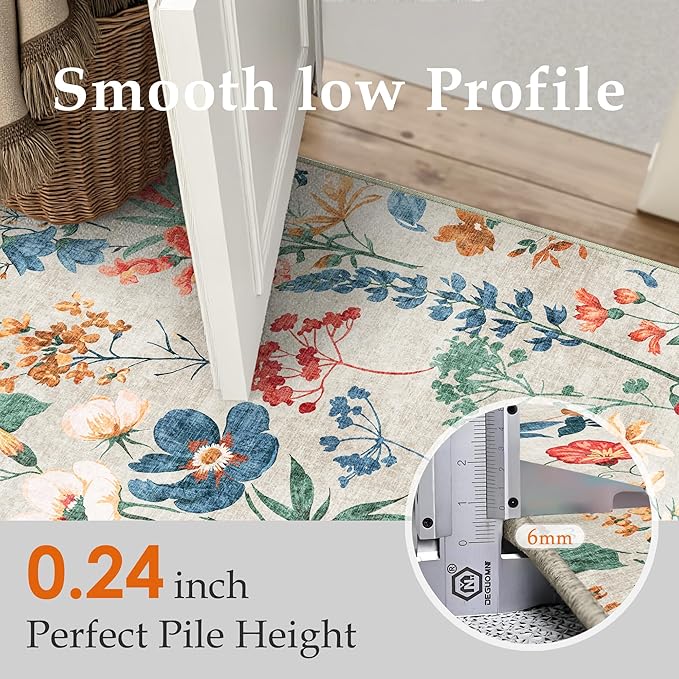 Beige Area Rug 3x5 Office Floral Boho Door Mat Indoor Washable Kitchen Carpet Non Slip Bedroom Low Pile Lightweight Soft Throw Rug for Living Dining Room Bathroom