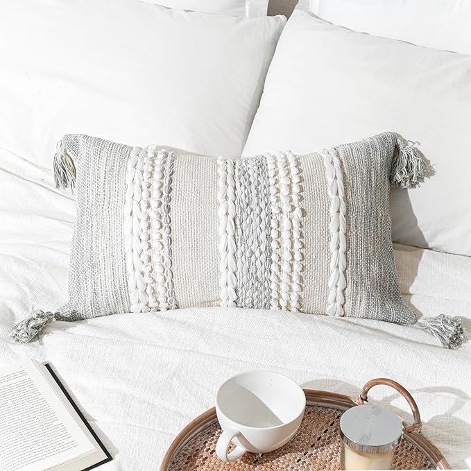Gray Decorative Lumbar Pillow Cover 14x24, Boho Accent Throw Pillow Case for Couch Sofa Bed, Modern Farmhouse Textured Lumbar Cushion Bedroom Living Room, Cover ONLY