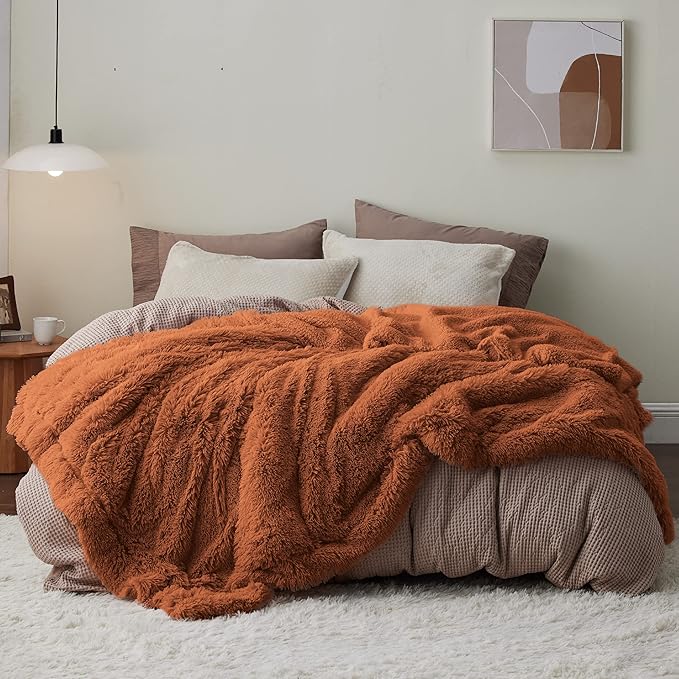 Bedsure Fluffy Burnt Orange King Size Blanket for Bed, Thick Soft Sherpa Faux Fur Fleece Bedding Fuzzy Plush Winter Warm Heavy Oversize Big Large King Blanket, Cozy Orange Gifts for Men Women, 108x90