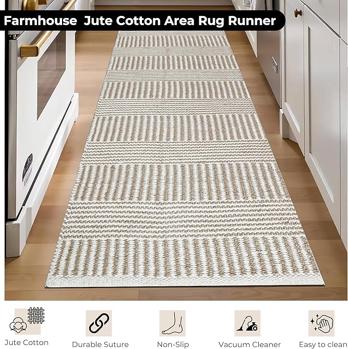 Bedding Craft Jute Cotton Stripe Area Rug Runner for Living Room 24x72 Inch - Natural Ivory - Machine Washable 2x6 Feet Rugs - 70% Jute and 30% Cotton