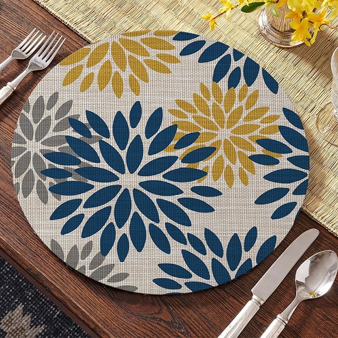 Artoid Mode Navy Yellow Dahlia Plastic Round Placemats Set of 4, 14 Inch Seasonal Wipeable Woven Vinyl Table Mats for Farmhouse Party Kitchen Dining Decor