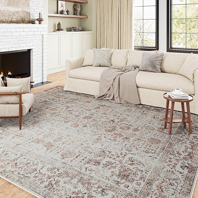 Red Area Rug 8x10 Machine Washable Large Vintage Living Room Distressed Non Slip Carpet Traditional Indoor Bedroom Retro Floral Accent Throw Rug for Office Kitchen Dining Room