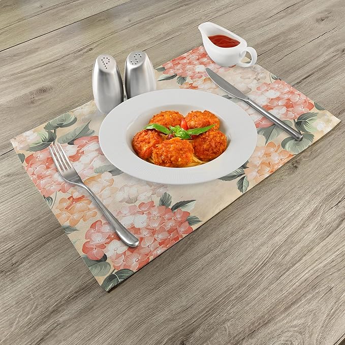 Ambesonne Floral Place Mats Set of 8, Blooming Hydrangea Flowers Leaves Bouquet Vintage Style Spring Nature Print, Washable Fabric Placemats for Dining Table, Placemat 8 pcs, Salmon Green