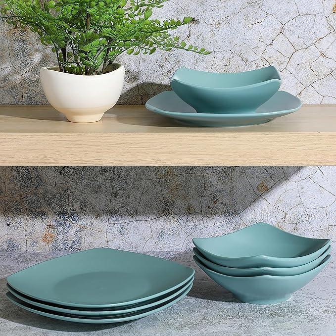 Gibson Home Zen Buffet Matte Porcelain Chip and Scratch Resistant Plates and Bowls Dinnerware Set - Blue, Service for 4 (8pcs)