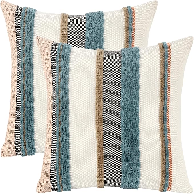 Tosleo Decorative Throw Pillow Covers 18x18 Set of 2 Boho Chenille Tufted Pillow Cover Textured Pillow Covers Striped Pillow Cases Accent Pillow Cases Farmhouse Cushion Case for Sofa Couch Bed,Blue