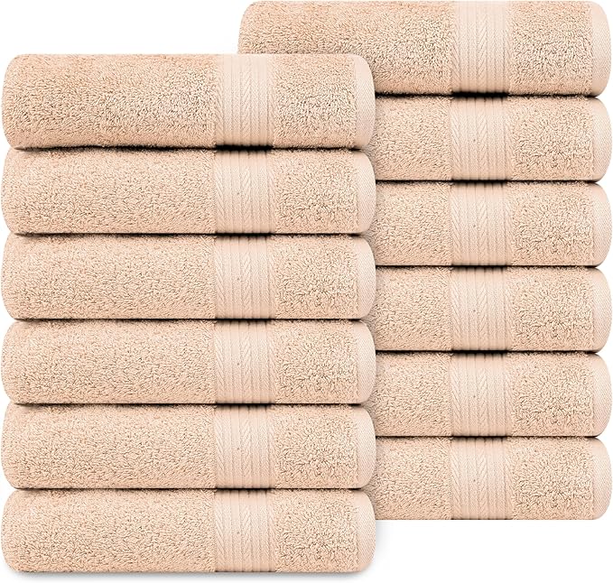 Ample Decor Hand Towel 18 X 28 Inch Pack of 12 600 GSM 100% Cotton, Soft Absorbent Thick Durable Premium Quality, for Hotel, Bathroom, Spa, Daily Use, Gym - Machine Washable - Beige