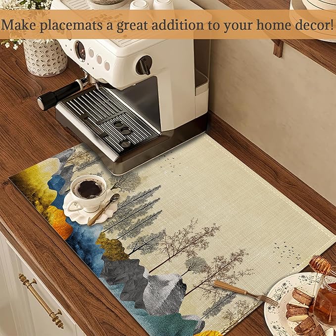 Trees with Mountains Placemats Set of 6 Washable Table Mats for Kitchen Dining Table,Heat-Resistant Place Mats for Indoor Outdoor Party Holiday Decoration(Landscape)