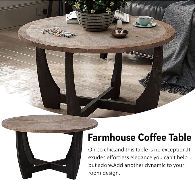 Rustic Farmhouse Coffee Table with Crisscross Base, French Country Accent Table for Family, Dinning or Living Room, Modern, Round