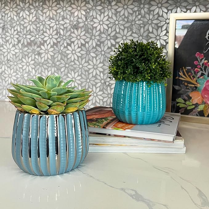 Admired By Nature 4" Ceramic Flower Planter, Ceramic Pot Planter, Indoor Ceramic Bowl, Houseplant Ceramic Pot, Decorative Planter for Indoor Plant Succulent Plant Home Décor, Lightweight, Blue