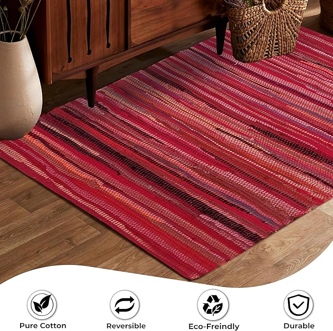 Rug Area Rugs Cotton Red 3x5 Ft (36"x60") Multicolour Chindi for Livingroom Bedroom Washable RagRug Reversible Farmhouse Kitchen RunnerRug Carpet Area Runner Mat for Hallway, Entryway