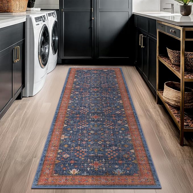 Navy Blue Runner Rug 2x7 for Kitchen, Hallway, Mudroom, Laundry Room, Bathroom, Washable Non Slip Non Skid Rubber Backing Low Pile Stain Resistance