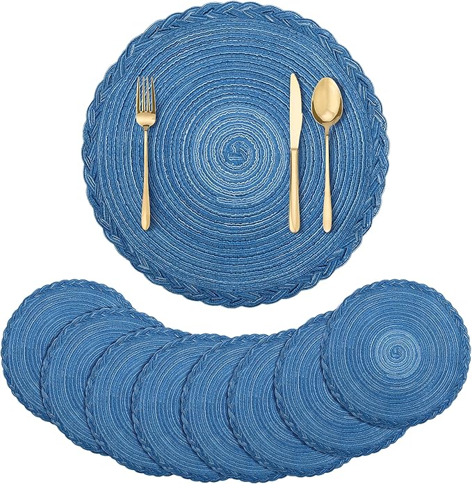 fanquare Cool Blue Round Briaded Placemats Set of 8 Heat Resistant Non Slip Placemat for Dining Table Washable No Fadding Table Mats for Long Term Use