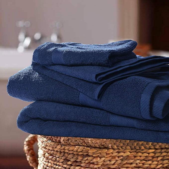 BOUTIQUO Navy Blue Towel Set - 8 Piece Bathroom Towel Set - 100% Ring Spun Cotton, 2 Bath Towel 27x54, 2 Hand Towel 16x28 and 4 Washcloth 13x13 - Ultra Soft Highly Absorbent Towel Set - Navy Blue