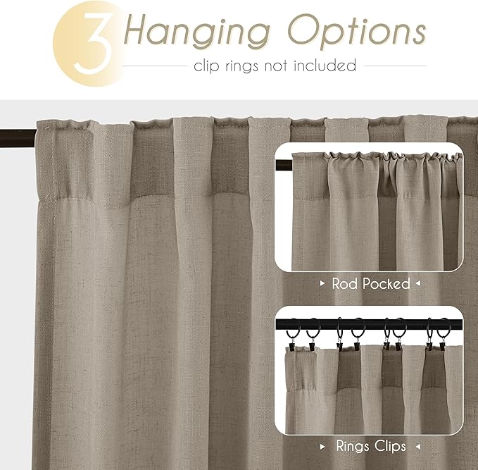 Taupe Linen Curtains 90 inches Long for Living Room Back Tab Rustic Farmhouse Semi Sheer Light Filtering Window Curtain Dining Room Soft Thick Flax Linen Textured Drapes Burlywood Birch Dark Brown
