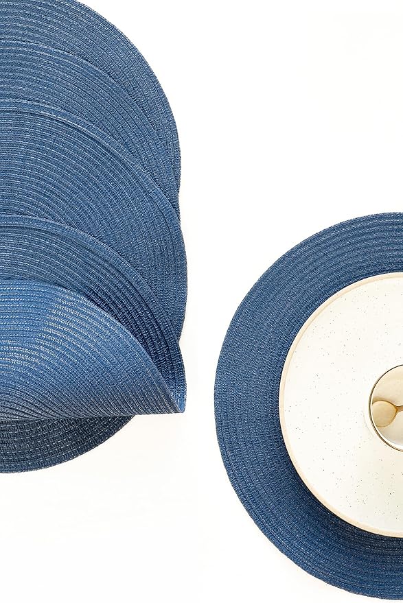 Floroom 15 Inch Round Braided Placemats Set of 4, Washable Heat Resistant Cotton Polyester Circle Place Mats for Kitchen Dining Table - Sail Blue