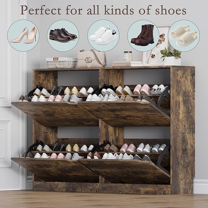 Shoe Cabinet with 4 Flip Drawers, Narrow Hidden Shoe Storage Cabinet, Slim Freestanding Shoe Rack Organizer for Entryway, Hallway, Bedroom, Living Room