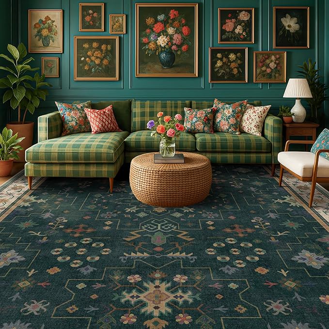 Dark Green Oushak Living Room Rug 10x14 - Modern Vintage Boho Eclectic Floral Pastel, Washable Low Pile Non-Slip Extra Large Area Rugs for Dining Under Table Bedroom Lounge