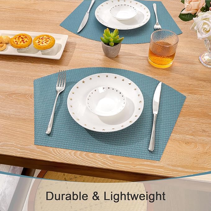 SHACOS Round Table Placemats Set of 4 Small Wedge Placemat Wipe Clean Heat Resistant Woven Vinyl Round Table Mats (4, Gray Blue)