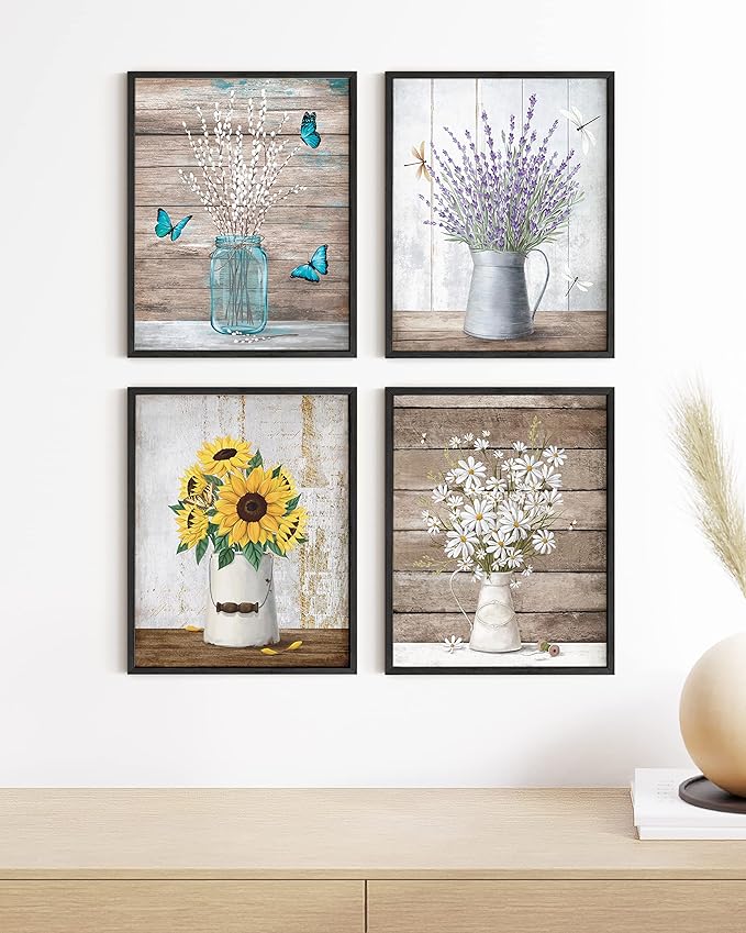 HAUS AND HUES Flower Wall Decor - Set of 4 Floral Wall Art, Floral Wall Decor, Flower Wall Art, Framed Flower Painting, Floral Pictures Wall Decor, Flower Pictures Wall Decor (Framed Black 11x14)