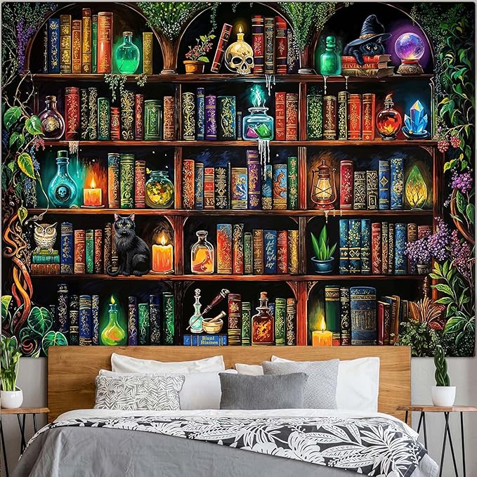Lunerfex Witch Bookshelf Library Tapestry Wall Decor Tapestry for Bedroom Art Tapestries Wall Hanging for Bedroom Living Room Bookshelf06 70"x90"