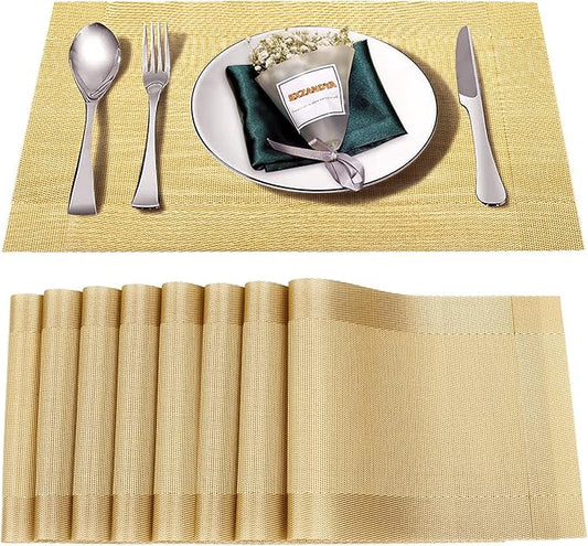 Placemats Set of 8,Washable,Heat and Stain Resistant Indoor/Outdoor Place mats, Vinyl Woven Non Slip Table Mats for Restaurant Table Protection, PVC Table Placemats.(Gold,8PCS)