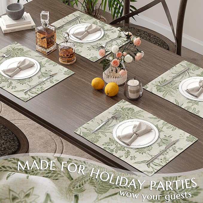 JINCHAN Linen Floral Fall Placemats Set of 4 Cloth Table Mats Rustic Cottagecore Jacobean Outdoor Seasonal for Kitchen Dining Table Decor Non-Slip Washable Tablemats 13x19 Inch Green