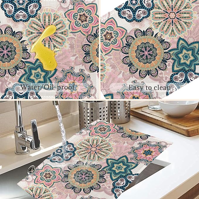 Spring Summer Floral Placemats Set of 6,Washable Heat Resistant 12×18 Inch Linen Table Mats Blooming Flowers Mandala Place Mats for Party Outdoor Dining