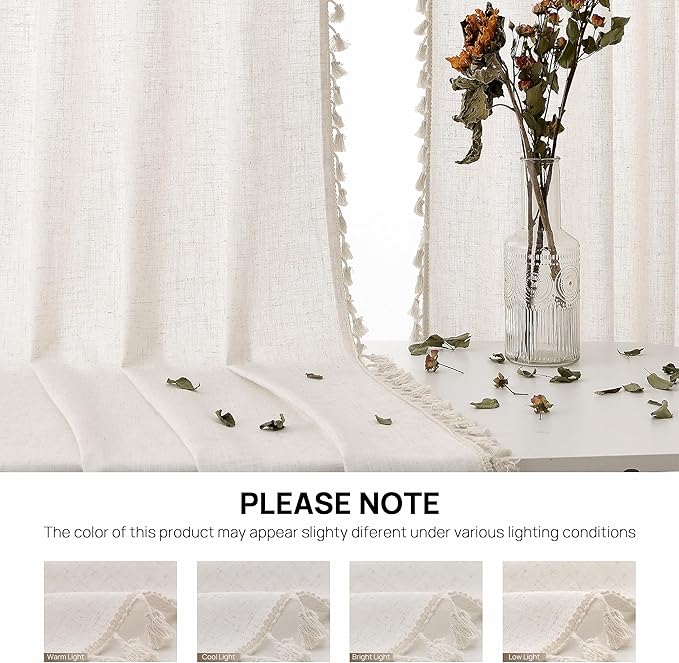 Beige Boho Linen Curtains 80 Inches Long 2 Panels Textured Farmhouse Semi Sheer Window Curtains Tassels Back Tab Neutral Light Filtering Chic Curtain Drapes for Living Room Bedroom 38x80