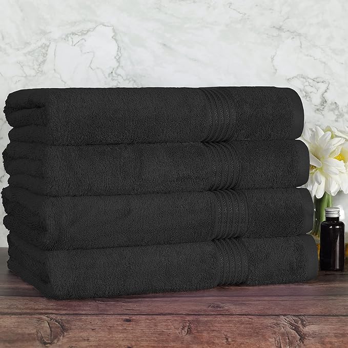 Superior Egyptian Cotton 4-Piece Bath Towel Set for Shower, Bath, Spa, Resort, Hotel, Soft Body Towels, Airbnb Essentials, Apartment, Dorm, Quick Dry, Absorbent, Bathroom Basics, Black