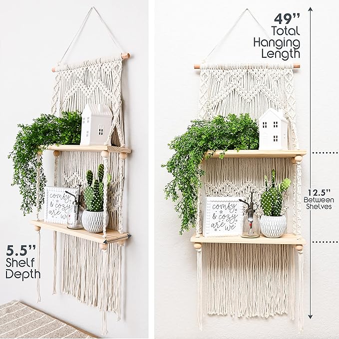 SnugLife 2 Tier Macrame Wall Hanging Shelf with Woven Rope - Boho Pine Wood Shelves for Plants, Bathroom, Kitchen