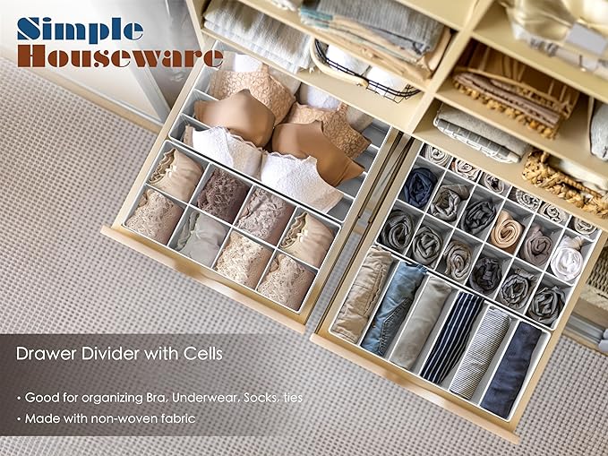 Simple Houseware 4-Pack Drawer Organizer Set - Closet Dividers for Underwear, Socks, Bras, Scarves, Ties - Foldable Non-Woven Storage Boxes, Gray