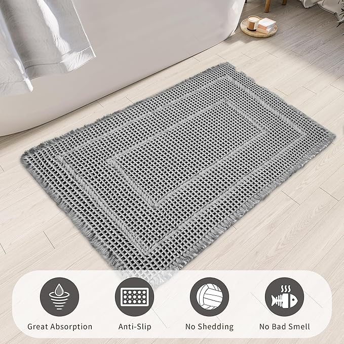 Bathroom Floor Mat,Boho Bathroom Mat,Super Absorbent Bath Rug, Non Slip WashableBathroom Rugs, Quick Dry Shower Mats, Ultra Soft Bath Mat Towel,Grey,18"*30"
