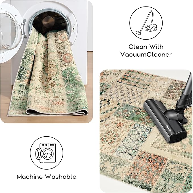 Boho Kitchen Rug Washable,4x6 Non Slip Small Area Rug for Bathroom Bedroom Indoor Entrway Ultra Thin Fit Under Door,Light Tan Beige Brown and Dark Green Rust Burnt Orange