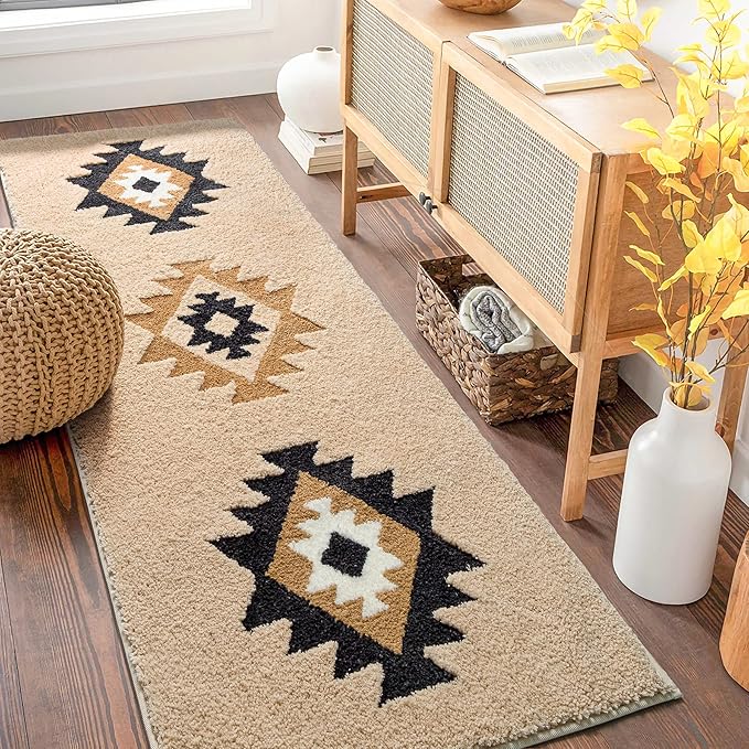 DEXDE Boho Bathroom Runner Rugs 24x60 Long Bath Mat for Bathroom Bedroom Hallway Kitchen Shower Luxury Soft Absorbent Large Bath Rugs Carpet Geometric Farmhouse Home Decor, Beige