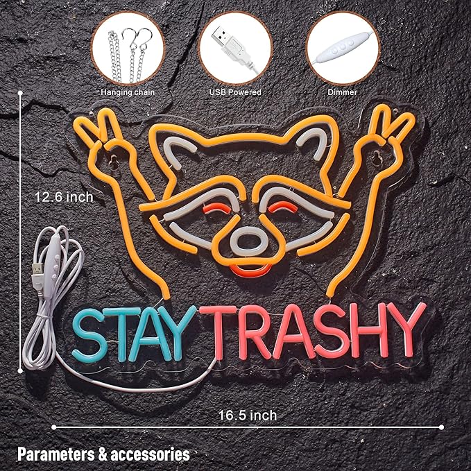 Stay Trashy Racoon Neon Sign for Wall Decor LED Light USB Powered Dimmable Art Signs for Bar Pub Store Man Cave Kids Room 16.2 X 12.6 inch