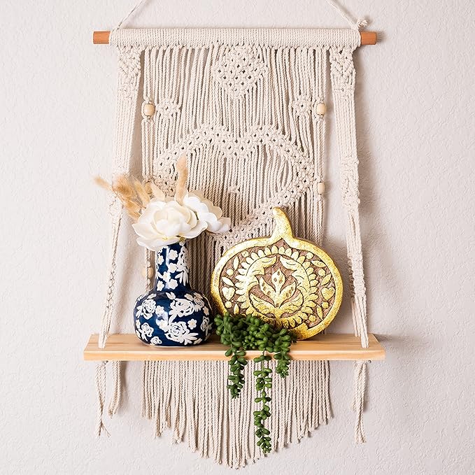 SnugLife Macrame Wall Hanging Shelf - Tier Wall Shelves with Handmade Woven Rope - Boho Shelves Organizer Hanger for Kitchen, Bathroom, Home Storage, Floating Indoor Plant Wall Shelf (1 Tier)