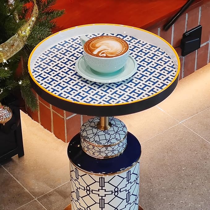 Diamond Pattern Vase-Shaped Side Table with Ceramic Tile Top – Accent Table for Coffee, Tea, or Nightstand Use in Living Room, Bedroom, Indoor & Outdoor Spaces