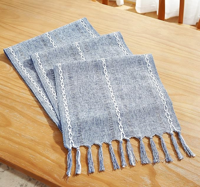 Chassic Rustic Farmhouse Style Linen Table Runner, Boho Handmade Tassel Hemstitched Embroidered Table Runners 72 Inches Long for Holiday Party, Dresser and Dining Decorations, 13 x 72 inch - Blue