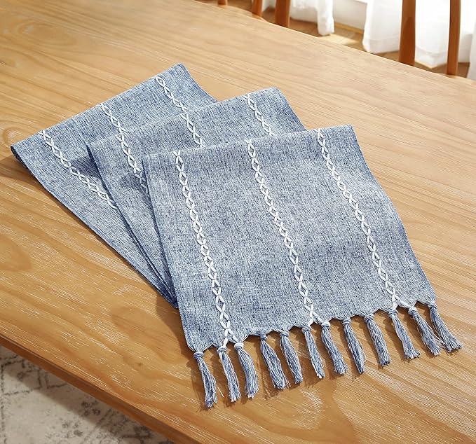 Chassic Rustic Farmhouse Style Linen Table Runner, Boho Handmade Tassel Embroidery Table Runners 72 Inches Long for Holiday Party, Dresser and Dining Decorations, 13 x 72 inch - Blue