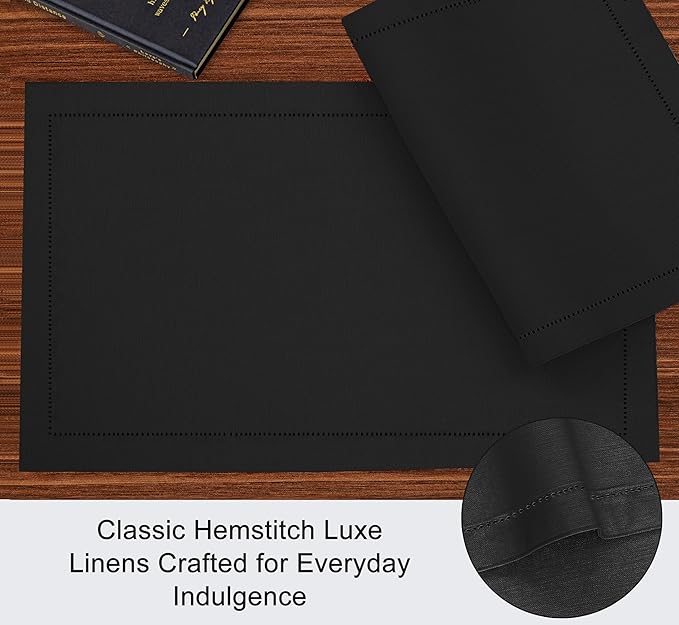 Ruvanti Linen Placemats Set of 6-13x19 Inch, Classic Hemstitch, Heat Resistant Machine Washable Place Mats, Soft & Elegant- Perfect for Christmas, Thanksgiving, Easter, Weddings, Dinner - Black